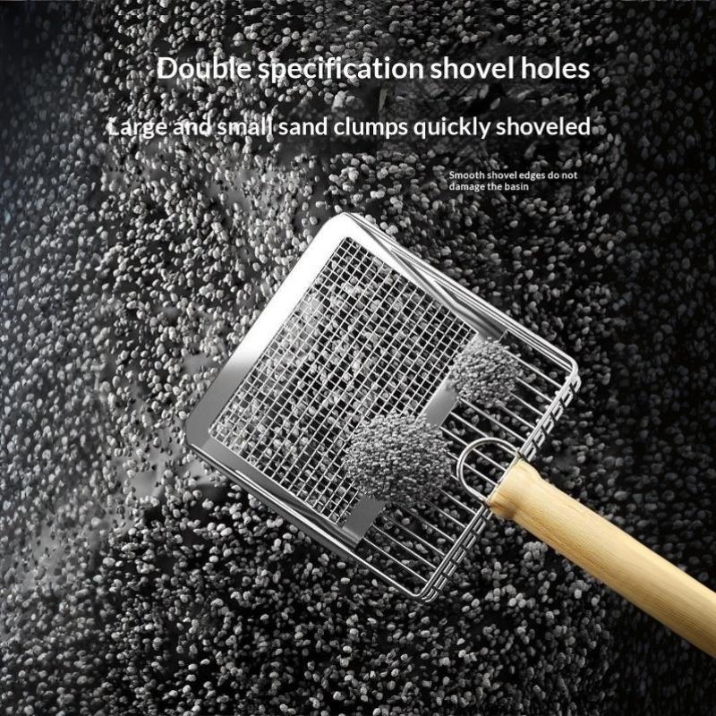 Metal Cat Litter Shovel with Comfortable Wood Handle Built-in Hook Portable Kitty Litter Sifter for Daily Cat Care
