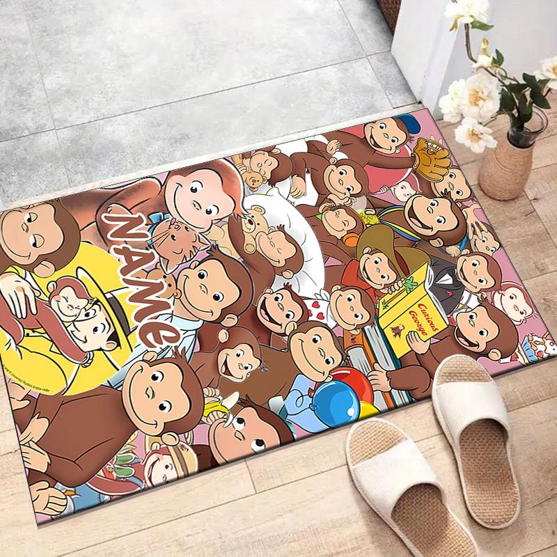 Custom Curious George Mat Personalized Name, Polyester Washable Indoor Entryway Rug, Gift for Christmas, Easter, Thanksgiving Day