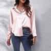 Woman's Fashion Casual V-Neck Solid Button Satin Imitation Silk Long Sleeved Shirt Top