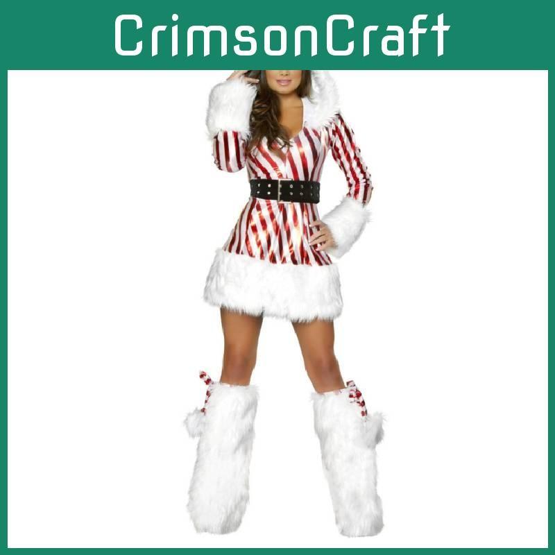 Women Dresses Christms Adult Miss Candy Cane Costume Holiday Cosplay Parties