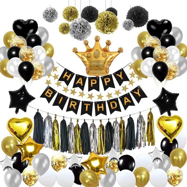 Birthday Party Decoration Set Black Gold Theme Birthday Arrangement Rain Curtain Flag Party Decoration Balloon