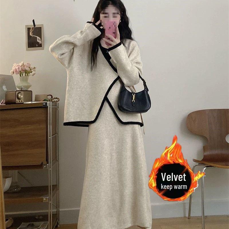 Damen Übergröße Unregelmäßiges Zweiteiliges Set mit Fleece-Futter: Schlankmachender Midirock für Herbst/Winter