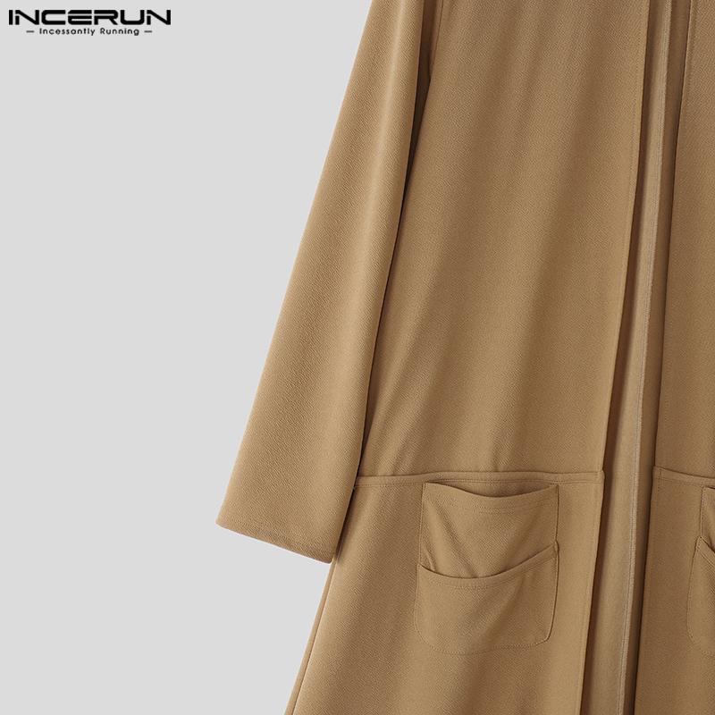 INCERUN Pánský podzimní kardigan s dlouhým rukávem, otevřený vpředu, dlouhý, maxi větrovka s kapsami