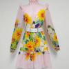 Sunflower Print Lace A-Line Dress with Stand-Up Collar & Long Sleeves
