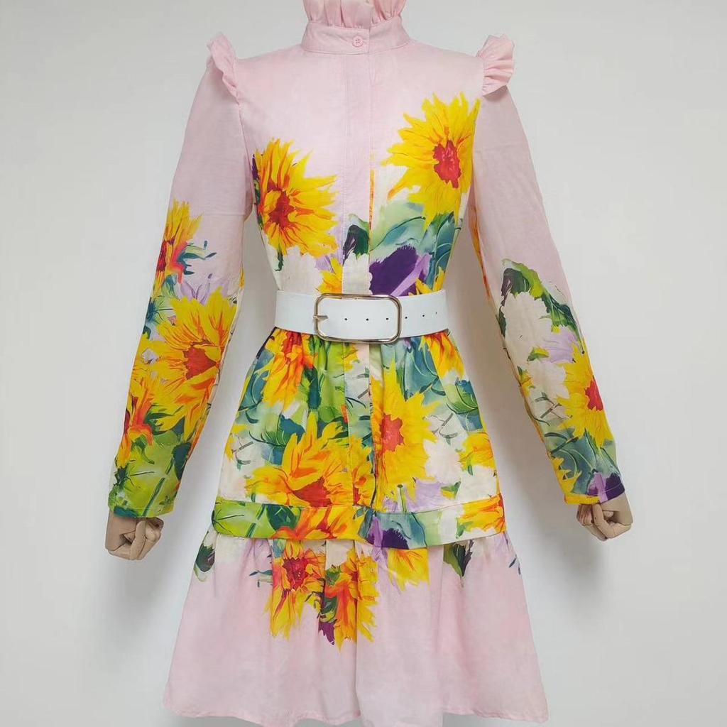 Sunflower Print Lace A-Line Dress with Stand-Up Collar & Long Sleeves