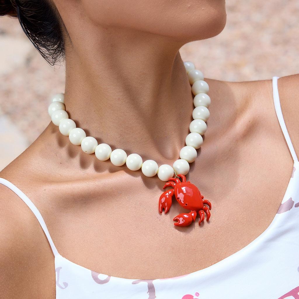 Creative Red Lobster Crab Starfish Coral Pendant Beads Necklace Stylish Versatile Niche Summer Beach Vacation Collarbone Chain