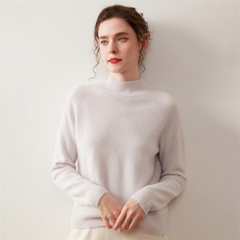 Women's Cashmere Knit Half-High Neck Raglan Sleeve Sweater – Autumn/Winter Base Layer Top