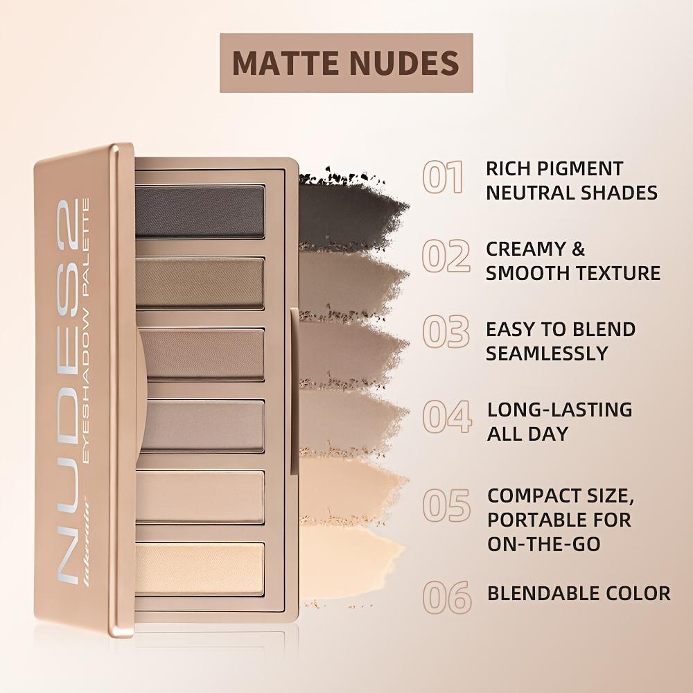 Paleta de Sombras de Ojos Nude con Acabado Mate de 6 Colores, Altamente Pigmentada, Larga Duración, Maquillaje Natural para el Día a Smokey Eye