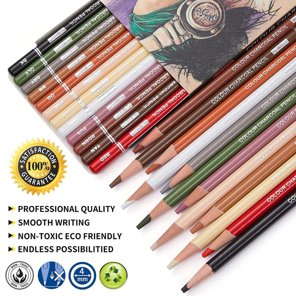 PANDAFLY Professional Charcoal Pencil Drawing Skin Tone Colored Colored Charcoal Pastel Chalk Pencils for Layering 12 Colors Set, Pencils, Pencils,