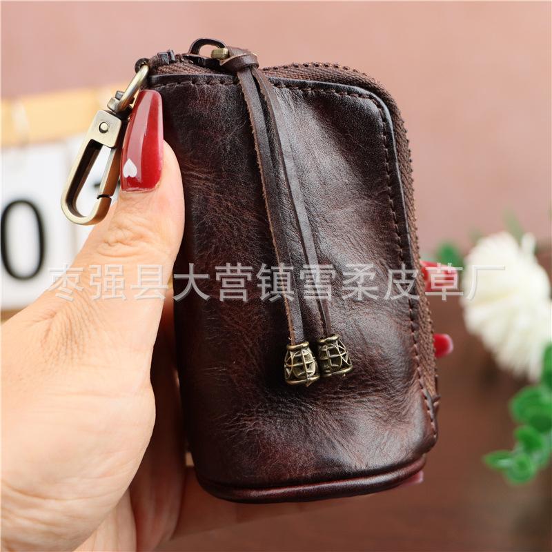 First-Layer Cowhide Retro Key Bag Waist Hanging Old Mini Large-Capacity Clutch Bag Hanging Buckle Key Bag