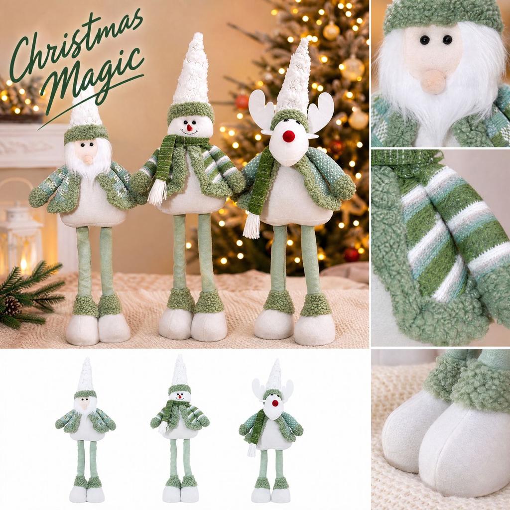 Standing Stretchy Christmas Doll with Striped Santa and Snowman, Green Long-Legged Plush Figure for Hotel Window Display