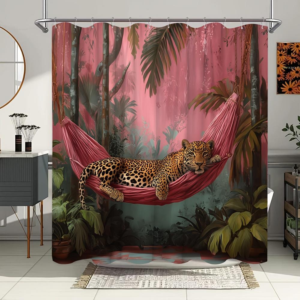 

Exotic Jungle Leopard Bath Curtain - Leopard in Hammock &Tropical Plants;Waterproof Home Decor Adds Wild Charm to Your Bathroom. W90XH180cm
