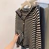 Black and white striped hooded knitted cardigan zipper sweater jacket women's top loose lazy style high sense