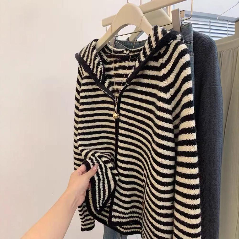 Black and white striped hooded knitted cardigan zipper sweater jacket women's top loose lazy style high sense