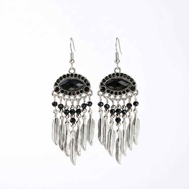 

Ethnic Unique Crystal Rhinestone Eyes Earrings for Women Retro Creative Metal Leaf Tassel Earrings Vacation Jewelry чорний