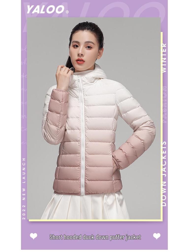Youjia Women's Gradient Lightweight Down Jacket - 90% White Duck Down, Short Style, Hooded, Autumn/Winter Fashion.