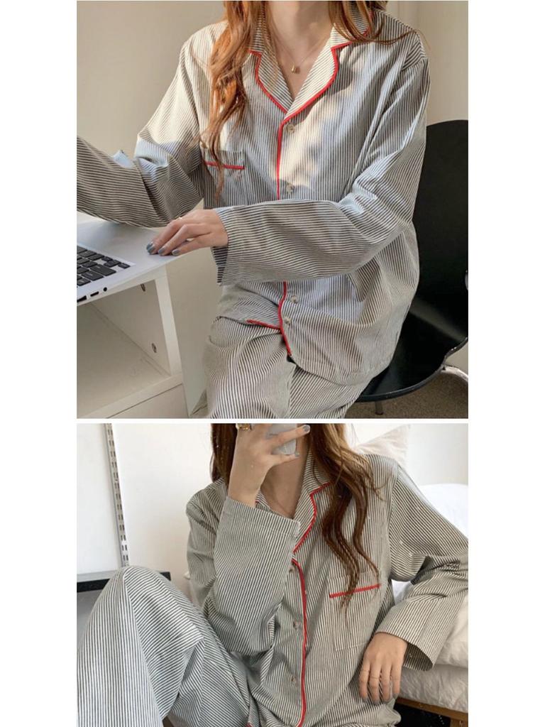 Women's Striped Long-Sleeve Cardigan Pajama Set - Korean Style