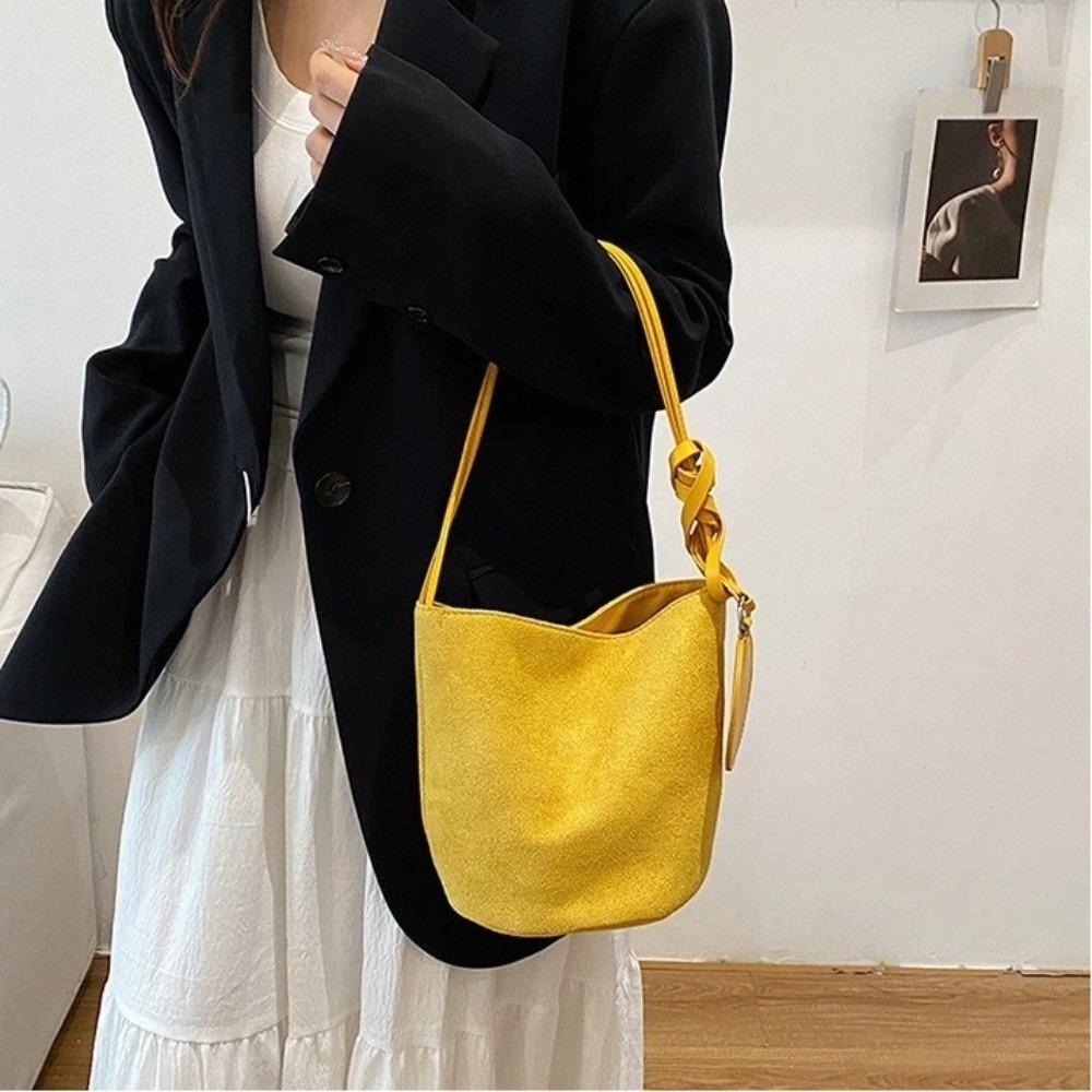 Fashion Solid Color Suede Bucket Bags Large Capacity Buckle Underarm Bag Phone Handbags Women