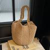 Korean Lazy Style Crocheted Knitted Bag Cotton Thread Hollow Single Shoulder Straw Solid Color Casual Rope Bucket Tote