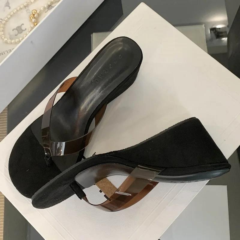 Fashion Round Clip Toe PVC Transparent Women Slippers Designer Wedge High Heels Flip Flops Ladies Shoes