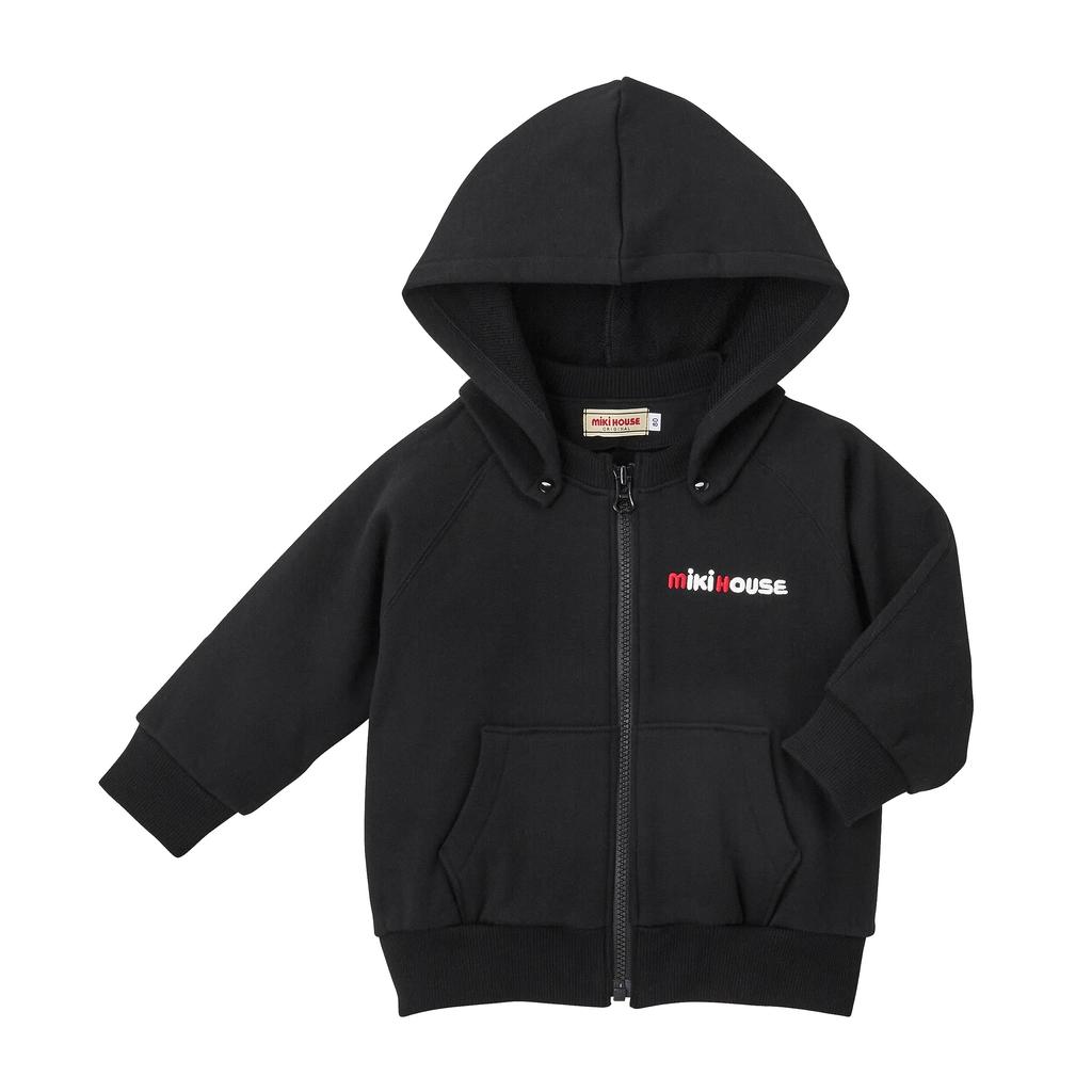 MIKI HOUSE Long Sleeve Hoodie with Logo, Zip-Up, Solid Color, Made In Japan, for Boys and Girls, Baby/Kids' Clothing, Size 90cm, Black, 10-3729-491