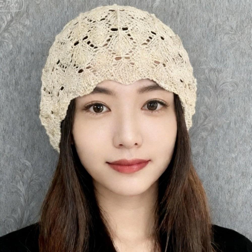 Hollowed Out Knitted Beret Hat Handmade Turban Hat New Lace Beret Cap Women