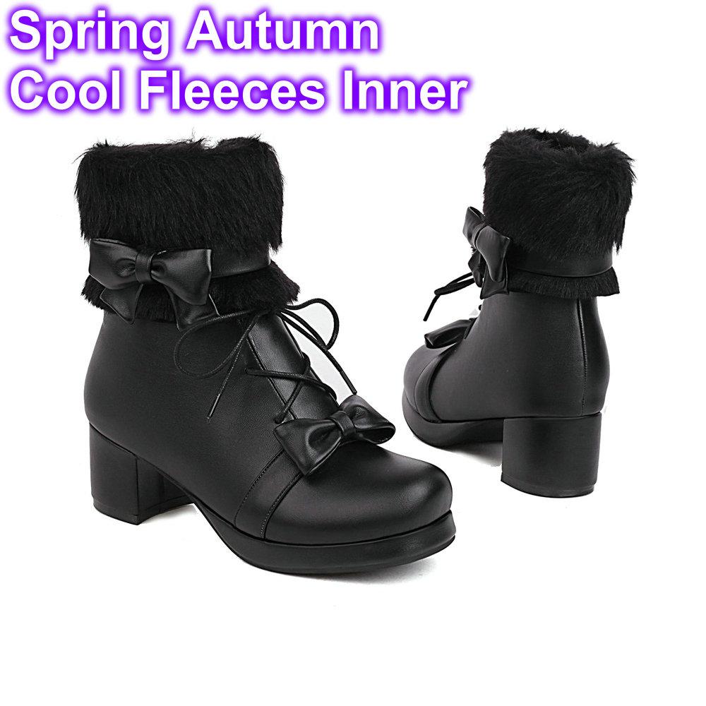 Pu Winter Japanese Lolita Boots Fluffy Round Toe Kawaii Anime Cosplay Women Shoes Lolita Ankle Boots Plus Velvet Warm Loli Boot