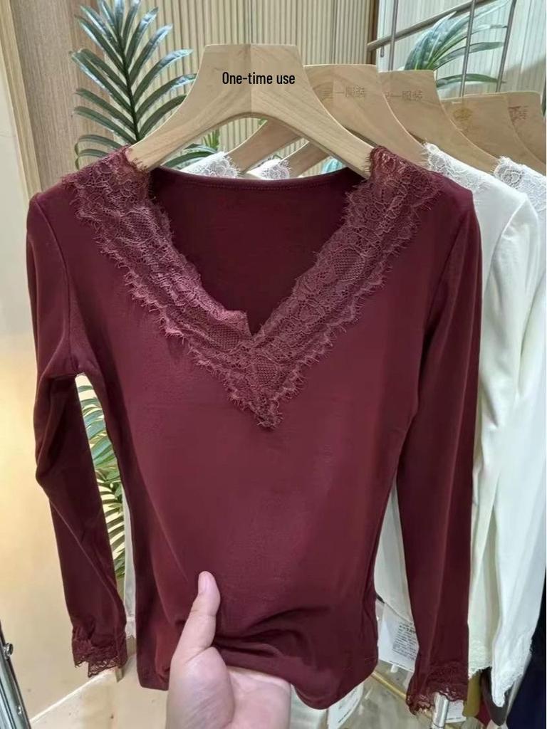 Women's Lace Trim V-Neck T-Shirt, Slim Fit, Long Sleeve, Ruffle Detail, Ideal for Spring and Autumn, Perfect As an Inner Layer.