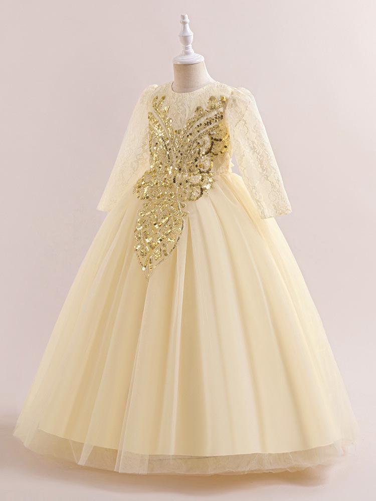 Children's Formal Princess Evening Gown - Sequined Embroidered Long Sleeve Lace Dress