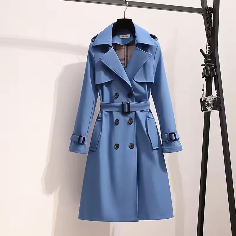 

Loose Fit Mid-Length Windbreaker Korean Style Women s Coat Spring Autumn Elegant Open-Collar Jacket XS синій