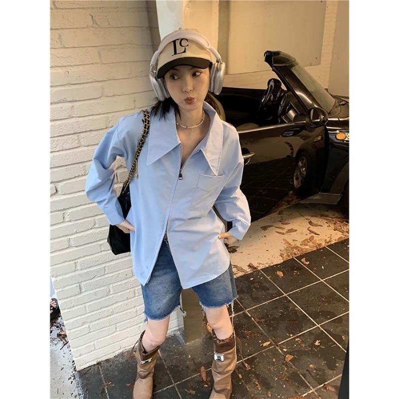 

Женская дизайнерская белая рубашка с длинным рукавом и воротником-поло на двойной молнии, весенняя внутренняя блузка Niche, верхние части XL синий