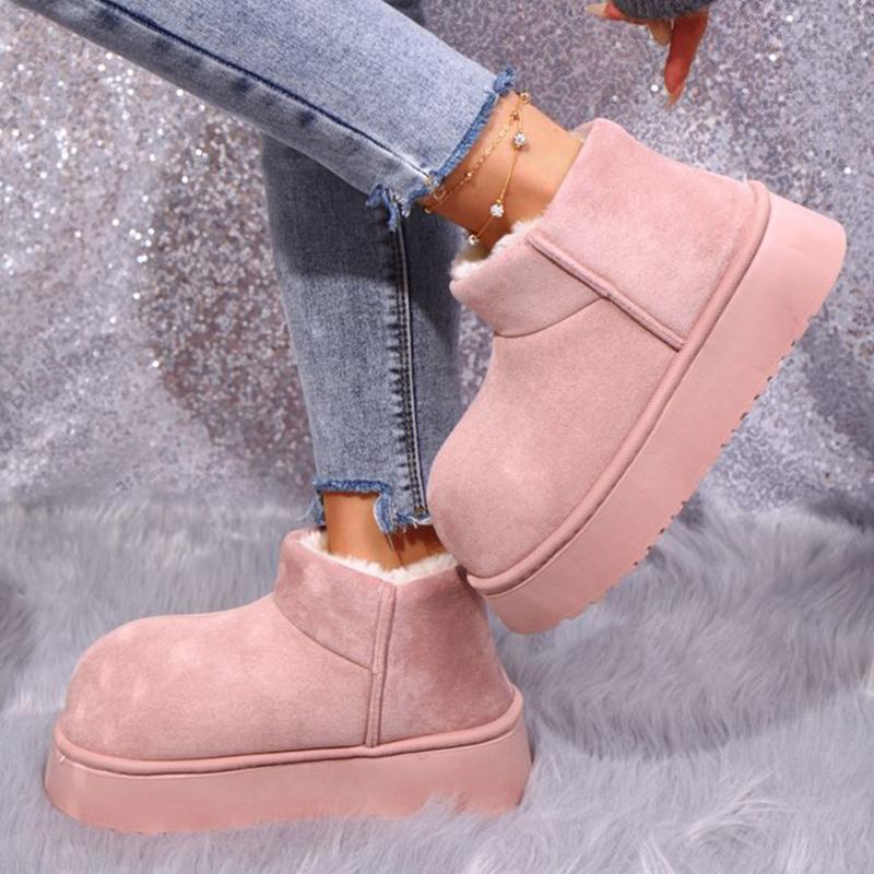 Fashion Sweet Pink Faux Suede Snow Boots Women Winter Warm Short Plush Ankle Boots Woman Korean Non Slip Platform Booties Female