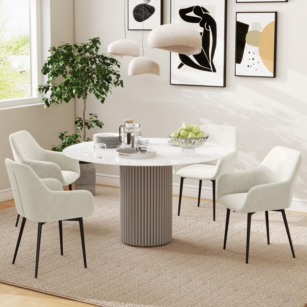 Set of 2 Nordic Dining Chairs Padded with Curved Armrests in Velvet-Effect Fabric, 54x57x80 cm, Cream