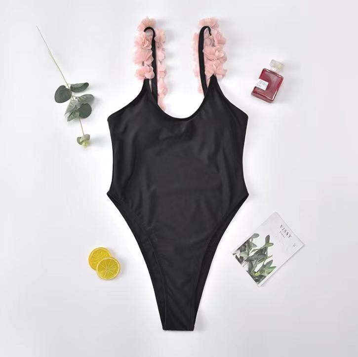 Women's European & American Solid Color One-Piece Swimsuit with Lace Shoulder Straps and Floral Backless Design
