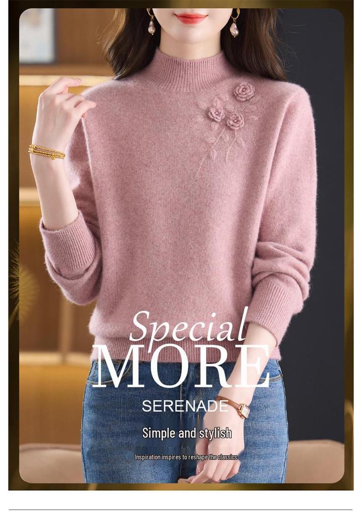 Women's Slimming Half-High Collar Wool Sweater - Thick Warm Winter Base Layer for Middle-Aged Women