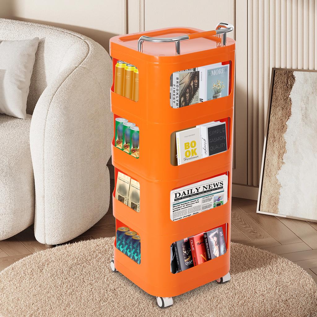 Storage Cart, 4 Tier Storage Cart, Storage Rack with Wheels Rounded Corners Stainless Steel ABS for Homes, Barber Shops Orange