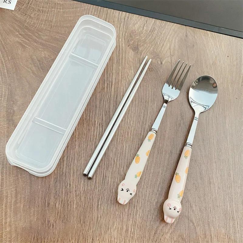 Stainless Steel Cartoon Knife Fork Spoon Kitchen Dinnerware Animals Glossy Ceramic Handle Set With Box For Dessert Steak