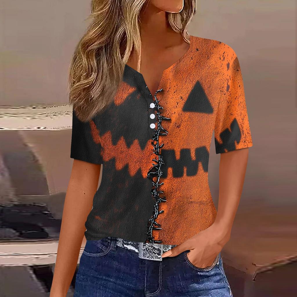 Women's Casual V Neck Short Sleeve Button Front Top Halloween Print Lightweight Blouse for Everyday Wear