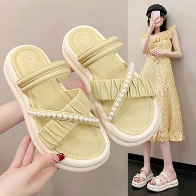 Sandal Slippers Female Summer Fairy Outside Pearl Thick Bottom Casual Two Wear Beach Slippers Female Fashion Women Summer Breathable Shoes