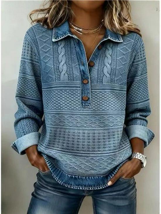 Women's 2026 Denim Lapel Long Sleeve Trendy Pullover Shirt