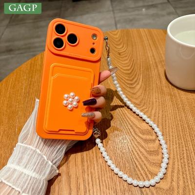 For iPhone 17 16 15 14 13 12 11 Pro Max Xs Case Busniess Card Bag Pearl Bracelet Lanyard Shockproof Soft Silicon Men Women Cover
