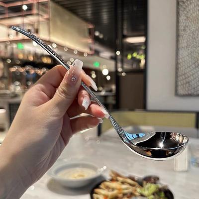 Stainless Steel Long Handle Soup Ladle Funnel Fish Scale Handle Household Hot Pot Spoon Kitchen Accessories Round Head Spoon