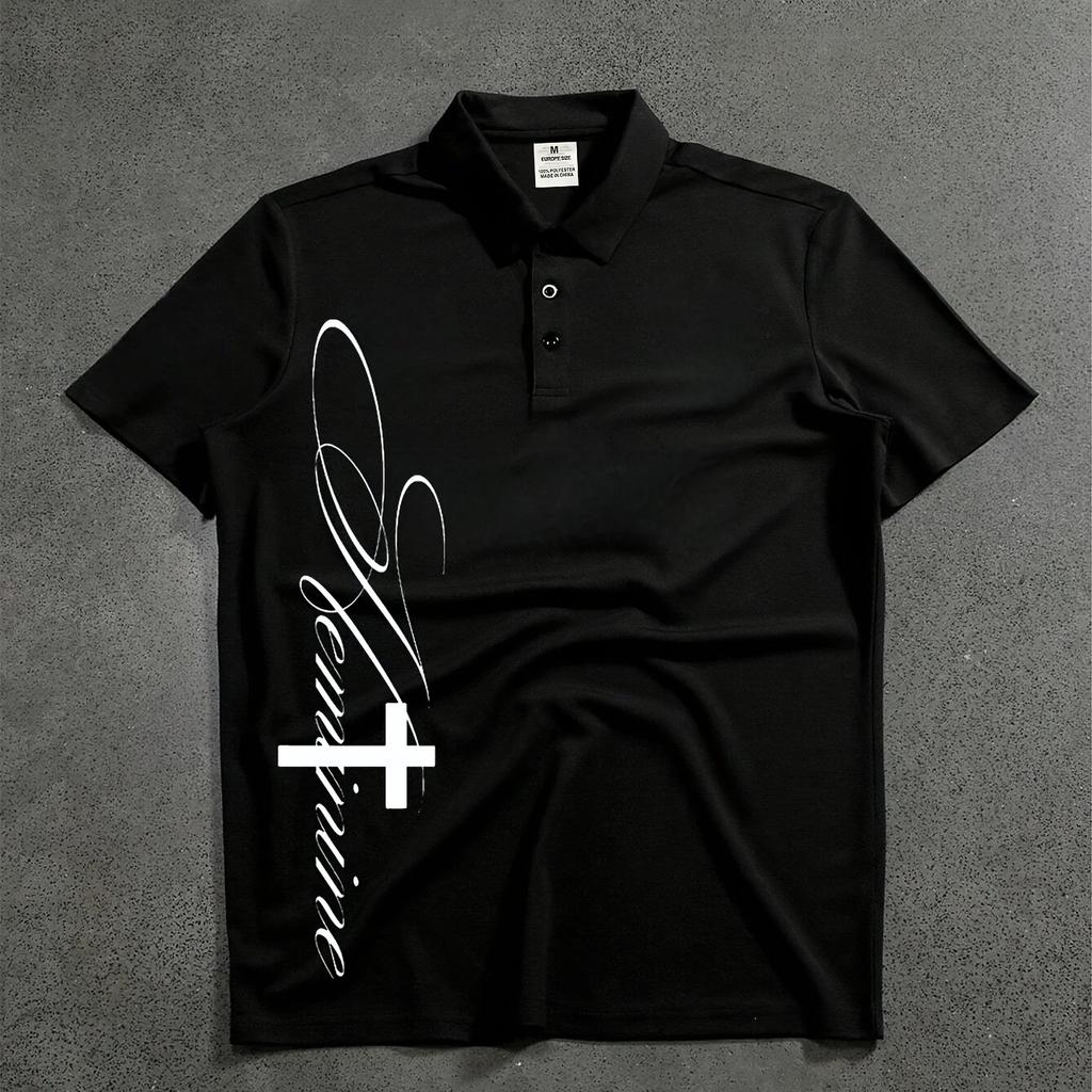 Polo Shirt with Cross and Text Pattern Print Cool Motorcycle Style Loose Fit Unisexs Short Sleeved Top Tshirt