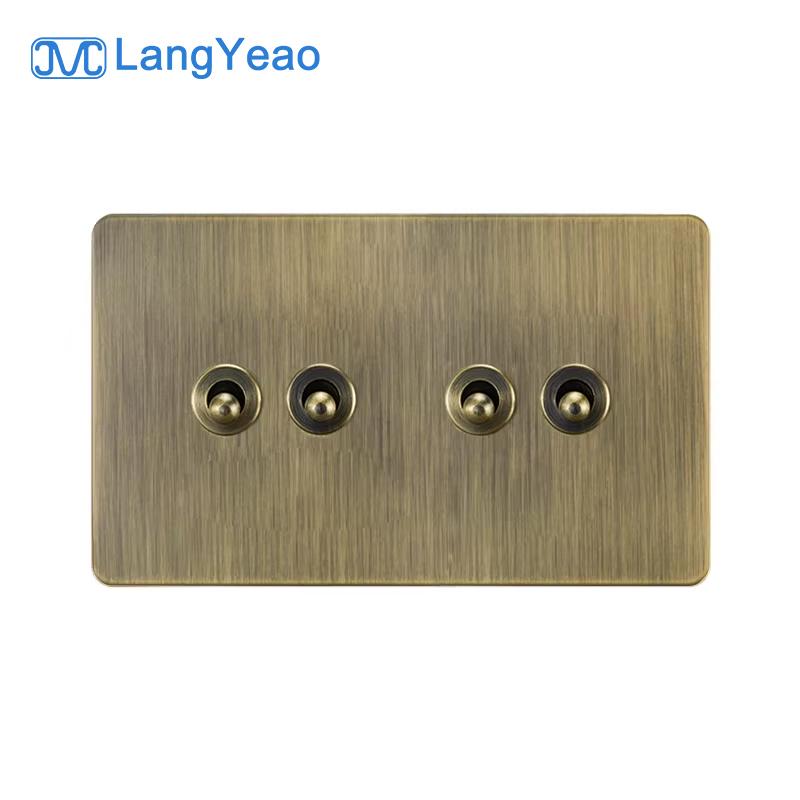 LangYeao Messinghebel UK Kippschalter Buster und Stanzlichtschalter Stil Edelstahlplatte Vintage Retro Wandschalter Steckdose