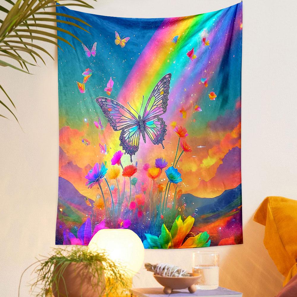Rainbow Butterfly Over Vibrant Flowers Patterned Tapestry Decorative Wall Hanging, Home Bedroom Living Room Decor