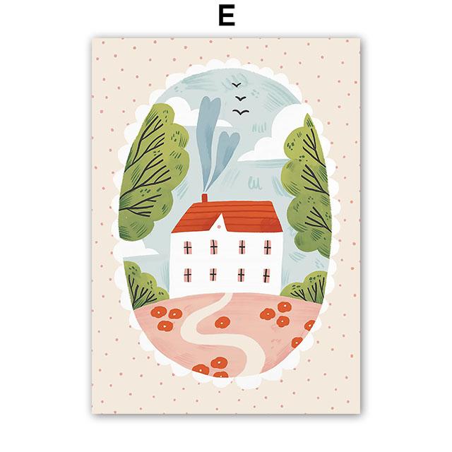 Colorful Cat Rabbit Lemon Apple Flower Leaf Wall Art Canvas Painting Abstract Cartoon Posters Prints Pictures Kids Room Decor