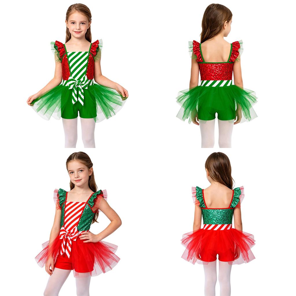 Girls Christmas Candy Cane Stripe Dress Sequins Ruffle Sleeves Bowknot Tulle Built-in Shorts for Stage Show Holiday Theme Party