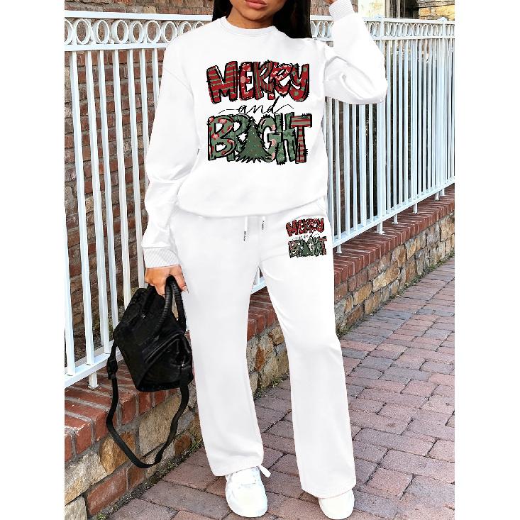 Women's Crewneck Sweatshirt & Drawstring Straight-Leg Pants 2-Piece Set, Printed Autumn/Winter Loungewear Set