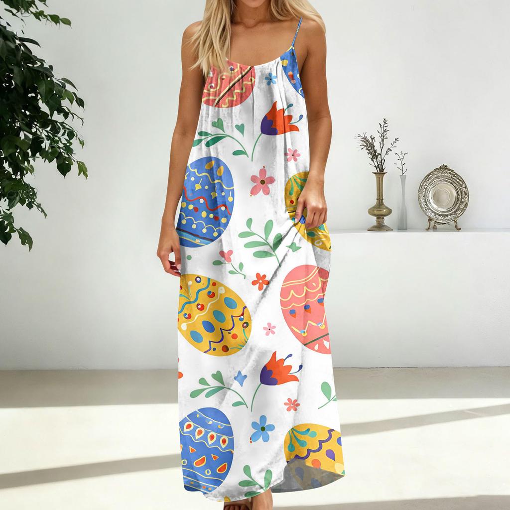 Women's Fashion Backless Spaghetti Strap Casual Loose-Fit Easter Print Dress