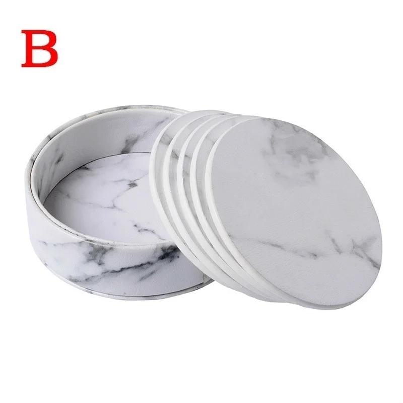 6 Pcs Home Kitchen Marble Pattern Cup Coaster Creative Round Edge Cup Mat Drink Mat Pu Leather Cup Pad Thermal Insulation